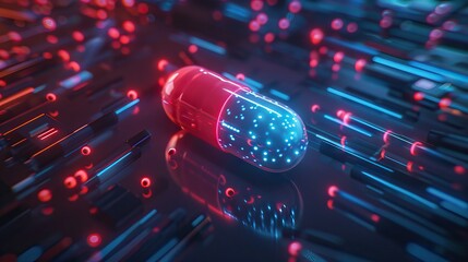 Medical technology The pills are placed on interconnected lines. Technology combined with medicine has led to the development of effective drugs. AI generated illustration