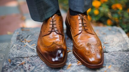 Close up of a meticulously polished pair of brown leather shoes being worn with grey trousers set against a stone pathway adorned with fallen leaves