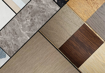 combination of interior material samples for mood board consists beech wooden veneers, marble, engineering wood tiles, indoor wallpapers, terrazzo, quartz, concrete laminated in oblique pattern.