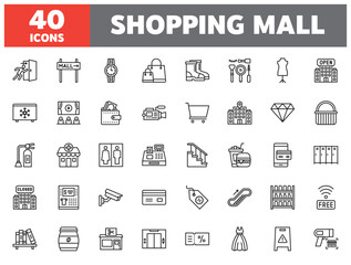 Set of 40 line icons shopping mall. Outline icon collection. Editable stroke. Vector illustration.