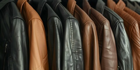 Closeup of a rack of leather jackets. Concept Fashion, Leather Jackets, Closeup Shot, Wardrobe Essentials, Clothing Trend