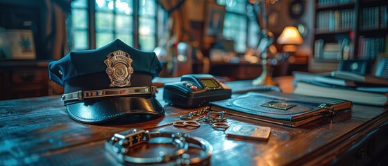A police officer's cap on a desk with a badge, radio, and handcuffs. 