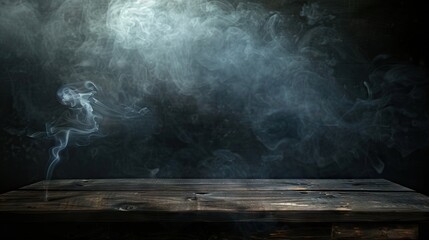 Empty wooden table with smoke on dark background for product display.