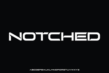 Modern futuristic notched alphabet display font vector. Wide technology typeface