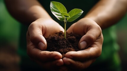 Hands together holding small plant in fertile soil, environmental sustainability, nurturing growth, eco-awareness concept. Closeup.