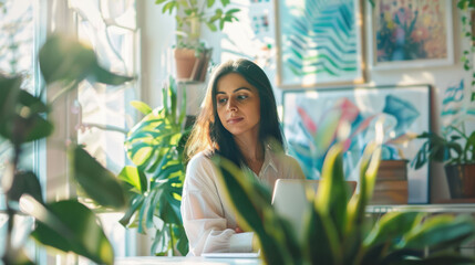 A woman working in a chic home office filled with green plants, emphasizing style and productivity in a modern setting.