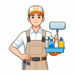 Professional cleaner doing cleaning works modern flat vector illustration
