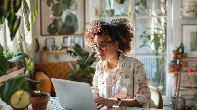 A woman working from home in an office filled with green plants, highlighting a natural and productive work environment.