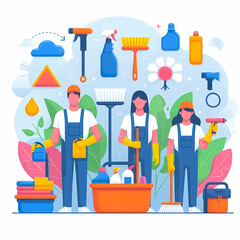 Professional cleaner doing cleaning works modern flat vector illustration