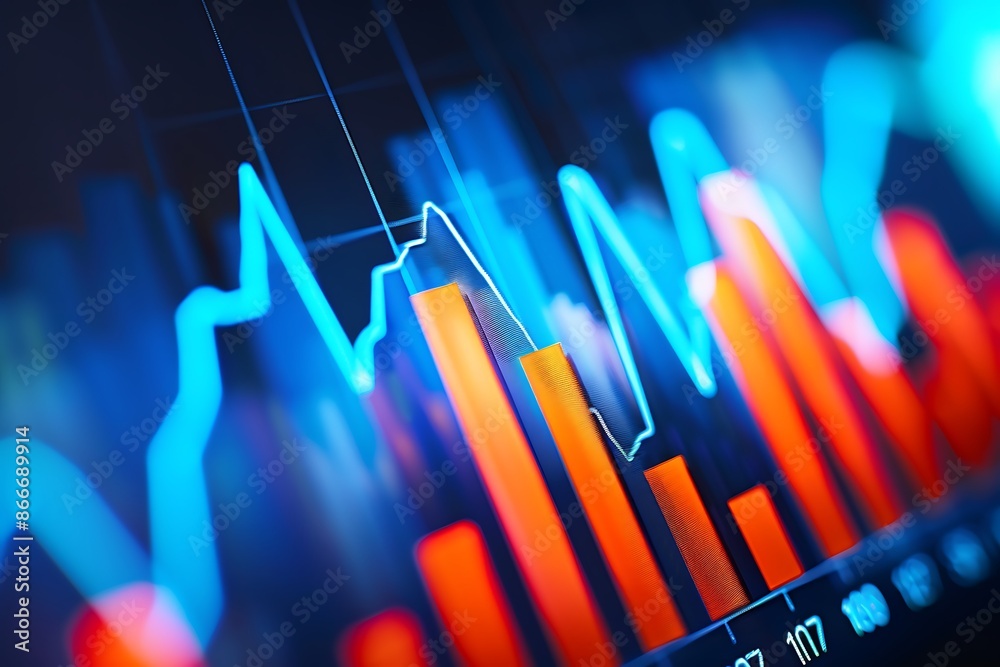 Poster financial data visualization: chart with blue line and orange bars