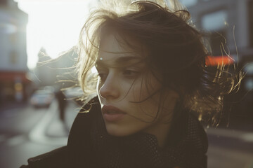 Portrait of a stylish lady in the sun on a city street