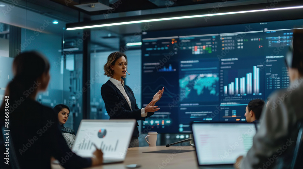 Poster Corporate meeting with focus on data presentation on a large screen in a modern office