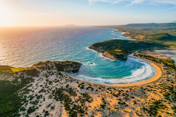 Aerial view of voidokilia beach, lagoon with beaches in mediterranean, Ionian Sea, Pylos town ,...