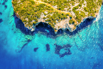 Blue caves on Zakynthos island or Zante Island, Greece. Beautiful views of azure sea water and nature with cliffs cave