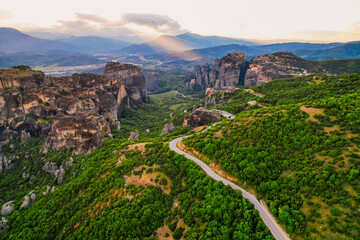 The monastery Meteora, aerila rocky monasteries complex in Greece near Kalabaka city. Monastery of...