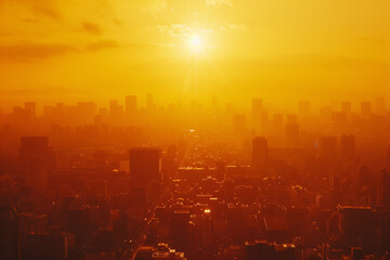 a heat wave overtakes a large city, orange and red sky and a blazing sun over a major urban area - summer heat dome