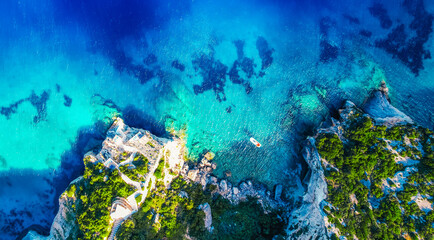 Blue caves on Zakynthos island or Zante Island, Greece. Beautiful views of azure sea water and nature with cliffs cave