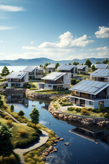 Obraz premium A residential neighborhood with homes equipped with solar panels and wind turbines, showcasing a decentralized approach to green energy production.