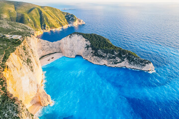 Zakynthos, Greece. Navagio Beach with sjipwreck in Ionian Sea. Beautiful views of azure sea water...