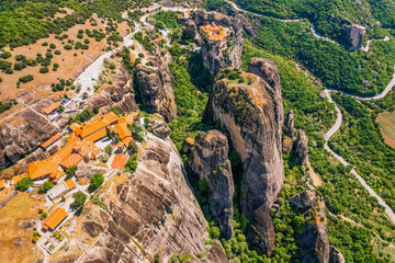 The monastery Meteora, aerila rocky monasteries complex in Greece near Kalabaka city. Holy Monastery of the Great Meteoron and Varlaam