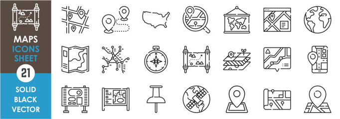 A set of line icons related to maps. Map, navigation, paper, digital, layers, route map, globe, location, presentation, compass, satellite and so on. Vector outline icons set.