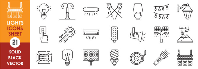 A set of line icons related to lights. Light, shine, bulb, lamp, stadium, surgery, aurora, switch, street, ray, and so on. Vector outline icons set.