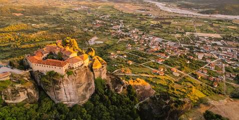 The monastery Meteora, aerila rocky monasteries complex in Greece near Kalabaka city. Monastery of the Holy Trinity