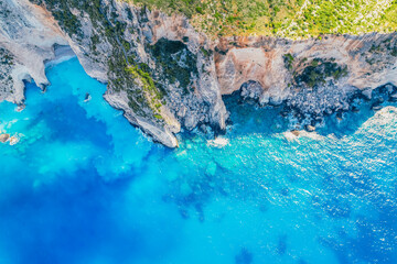 Plakaki beach on Zakynthos island or Zante Island, Greece. Beautiful views of azure sea water and nature with cliffs cave