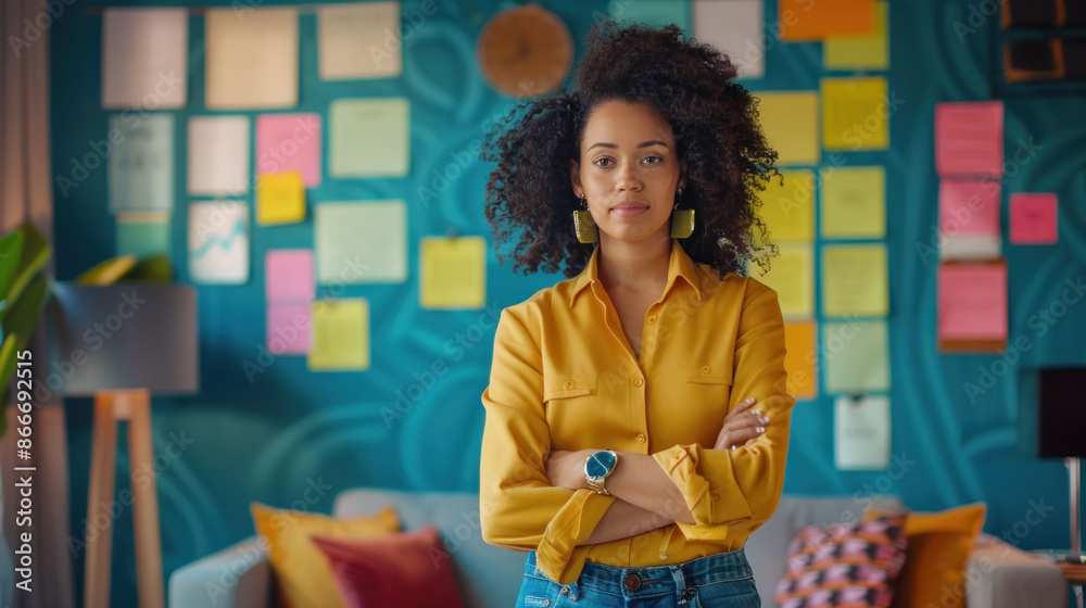 Poster a thoughtful woman in a yellow shirt standing in an office filled with colorful sticky notes, repres