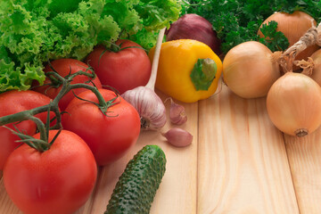 Red tomatoes, onions, garlic, peppers, cucumbers on a table