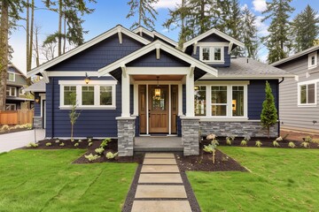 Fototapeta premium Charming Navy Blue Craftsman Cottage with Pristine White Trim and Stone Accents, Nestled in Lush Greenery