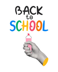 Back to school design with typography and halftone collage hand holding pink highlighter, ideal for educational posters, cards, and classroom decorations. Modern retro grunge vector illustration