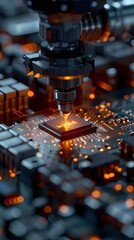 Microchip close-up with beautiful light. Puce lectronique, processeur en gros plan avec une belle lumi re. AI generated illustration