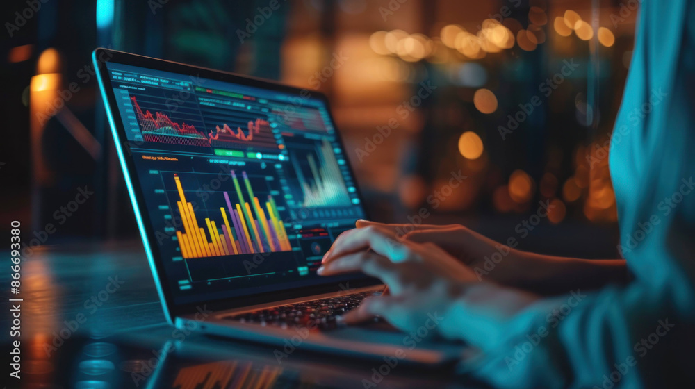 Poster businesswoman analyzing data on laptop with visible charts and graphs