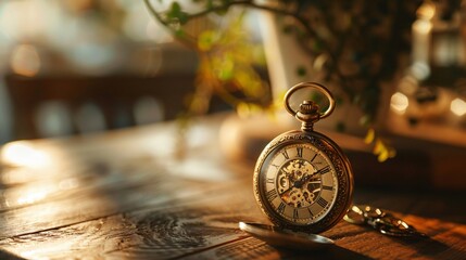 Close up shot of vintage pocket watch placed on a wooden table, its intricate details and craftsmanship clearly visible, with soft ambient light casting gentle shadows