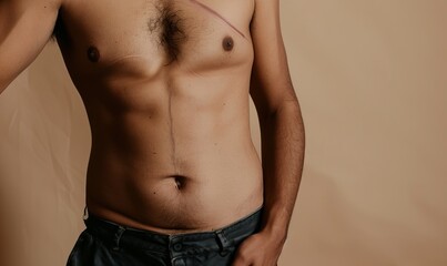 close-up image of a mans torso, showcasing his toned muscles and a prominent scar on his chest