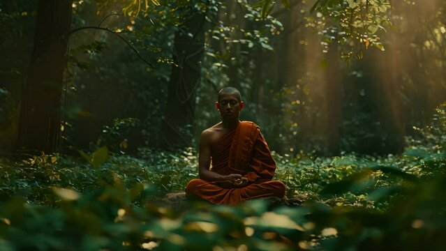 Thai monk meditating in the green forest
