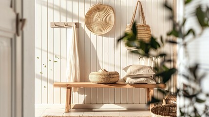 A modern, minimalist entryway featuring a simple wooden bench, a single coat hook, a clean white wall, and a small mirror