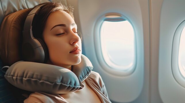 A young woman rests peacefully on a plane, using headphones and a neck pillow to get comfortable for a nap