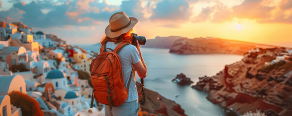 A traveler with a backpack and hat photographs the sunset over a picturesque Mediterranean coastal town with whitewashed buildings and blue domes.