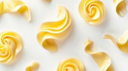 Close-up of delicate, golden butter curls on a white background, showcasing texture and elegance in food presentation.