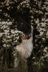 Czarnobiały border collie siedzi w białych kwiatach © ZiraPhoto