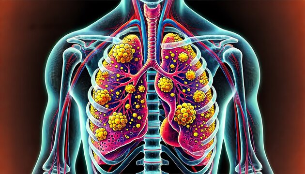 Human lungs affected by miliary tuberculosis, illustration