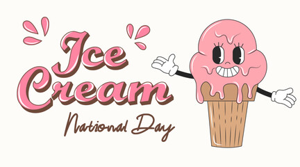 National Ice Cream Day greeting card. Groovy character in retro style. A waffle cone ice cream. Holiday concept. Template for background, banner, postcard, poster, web.