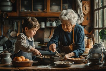 A grandmother and her grandson bond while baking in a rustic kitchen, cherishing moments of love and joy