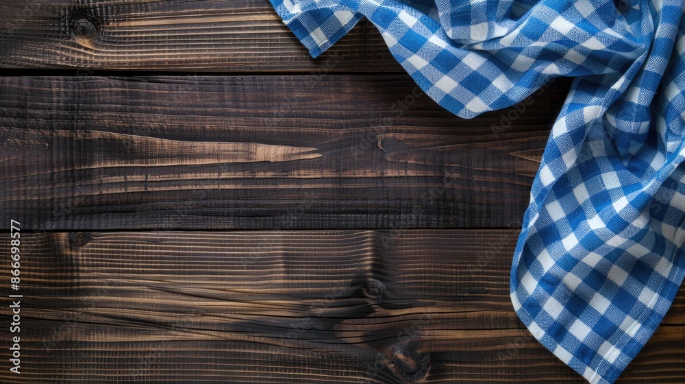 Sticker Blue checkered tablecloth on dark wooden table with space for text seen from above