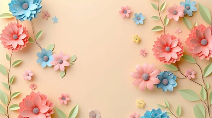 3D paper cut style background with multicolored pastel flowers and leaves on a beige color, empty space for text or product presentation mock up, Generative AI illustrations. 