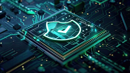 Digital security shield icon on a circuit board background. Printed circuit board. Technology background. 3D illustration. PCB, Code, HTML. AI generated illustration