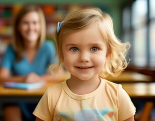 Obraz premium little girl student in her school classroom with teacher in the background