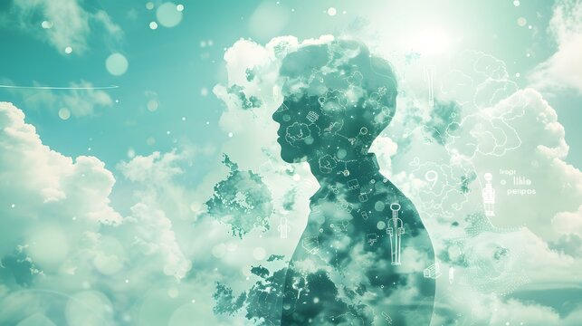 A person surrounded by a cloud of carbon dioxide molecules, with images representing different sources of emissions such as transportation, energy consumption, and waste production, highlighting the i
